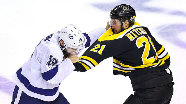 TORONTO, ONTARIO - AUGUST 29: Nick Ritchie #21 of the Boston Bruins fights Barclay Goodrow #19 of the Tampa Bay Lightning during the third period in Game Four of the Eastern Conference Second Round during the 2020 NHL Stanley Cup Playoffs at Scotiabank Arena on August 29, 2020 in Toronto, Ontario.