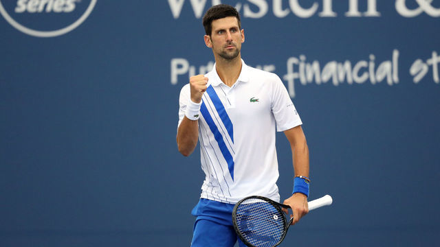 NEW YORK, NEW YORK - AUGUST 29: Novak Djokovic of Serbia celebrates a point against Milos Raonic of Canada in their Men's Singles Final match of the 2020 Western & Southern Open at USTA Billie Jean King National Tennis Center on August 29, 2020 in the Queens borough of New York City.