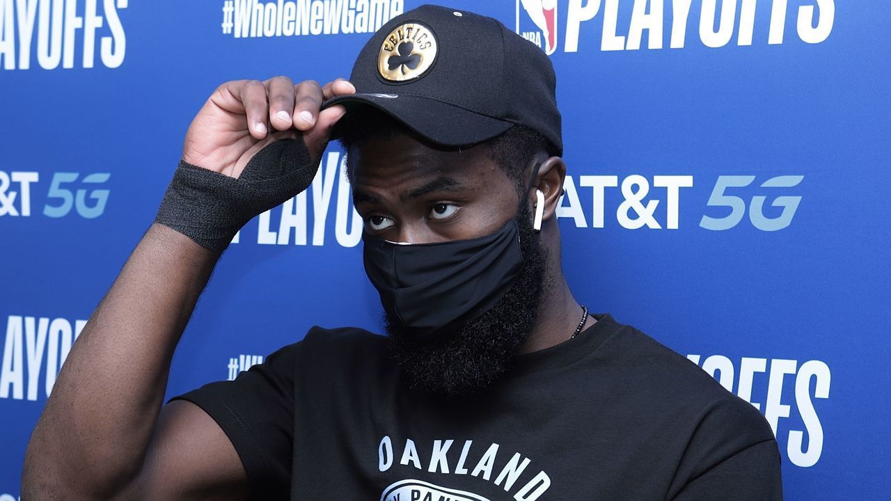 ORLANDO, FL - AUGUST 23: Jaylen Brown #7 of the Boston Celtics talks to the media after Round One, Game Four of the NBA Playoffs against the Philadelphia 76ers on August 23, 2020 at the The Field House at ESPN Wide World Of Sports Complex in Orlando, Florida. NOTE TO USER: User expressly acknowledges and agrees that, by downloading and/or using this Photograph, user is consenting to the terms and conditions of the Getty Images License Agreement. Mandatory Copyright Notice: Copyright 2020 NBAE