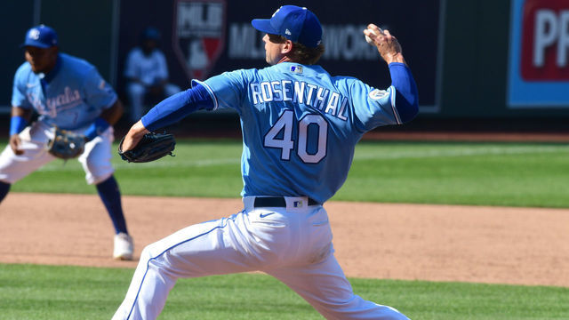 KANSAS CITY, MO - AUGUST 23: Kansas City Royals pitcher Trevor Rosenthal (40) pitches in relief in the ninth inning during a Major League Baseball game between the Minnesota Twins and the Kansas City Royals, on August 23, 2020, at Kauffman Stadium, Kansas City, MO.
