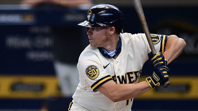 MILWAUKEE, WISCONSIN - JULY 19: Brock Holt #11 of the Milwaukee Brewers at bat during Summer Workouts at Miller Park on July 19, 2020 in Milwaukee, Wisconsin.