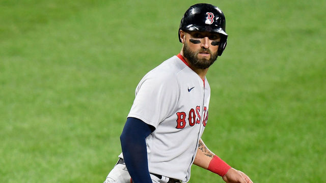 BALTIMORE, MD - AUGUST 20: Kevin Pillar #5 of the Boston Red Sox takes a lead off of third base against the Baltimore Orioles at Oriole Park at Camden Yards on August 20, 2020 in Baltimore, Maryland.