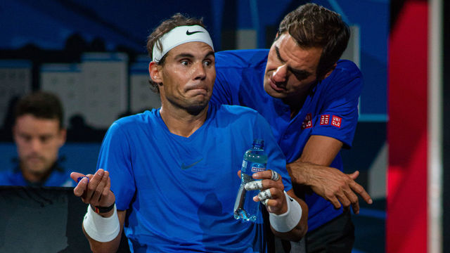 GENEVA, SWITZERLAND - SEPTEMBER 21: Rafael Nadal of Team Europe and Roger Federer of Team Europe reacts during Day 2 of the Laver Cup 2019 at Palexpo on September 21, 2019 in Geneva, Switzerland. The Laver Cup will see six players from the rest of the World competing against their counterparts from Europe. Team World is captained by John McEnroe and Team Europe is captained by Bjorn Borg. The tournament runs from September 20-22.