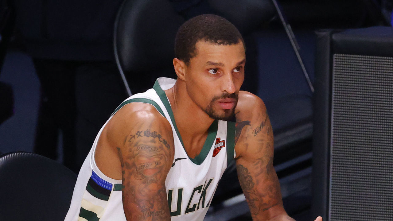 LAKE BUENA VISTA, FLORIDA - AUGUST 29: George Hill #3 of the Milwaukee Bucks waits for the start of the second quarter against the Orlando Magic in Game Five of the Eastern Conference First Round during the 2020 NBA Playoffs at AdventHealth Arena at ESPN Wide World Of Sports Complex on August 29, 2020 in Lake Buena Vista, Florida.