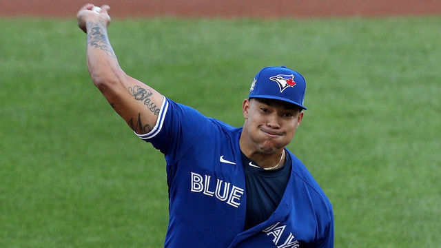 BUFFALO, NEW YORK - AUGUST 29: Taijuan Walker #42 of the Toronto Blue Jays pitches during the first inning against the Baltimore Orioles at Sahlen Field on August 29, 2020 in Buffalo, New York. All players are wearing #42 in honor of Jackie Robinson Day. The day honoring Jackie Robinson, traditionally held on April 15, was rescheduled due to the COVID-19 pandemic. The Blue Jays are the home team and are playing their home games in Buffalo due to the Canadian government’s policy on coronavirus (COVID-19).