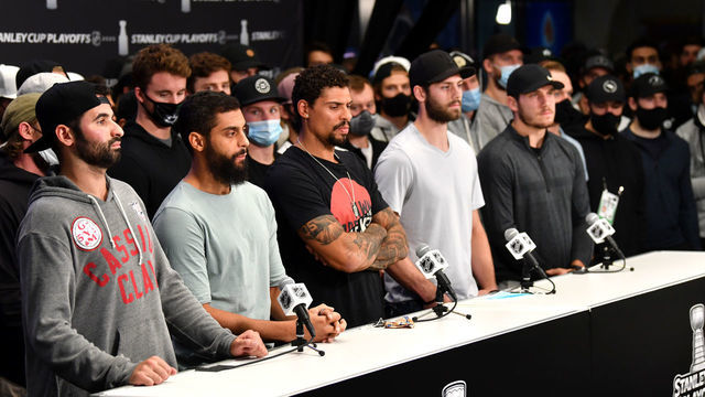 EDMONTON, ALBERTA - AUGUST 27: (L-R) Nazem Kadri #91 of the Colorado Avalanche, Pierre-Edouard Bellemare #41 of the Colorado Avalanche, Ryan Reaves #75 of the Vegas Golden Knights, Jason Dickinson #18 of the Dallas Stars and Bo Horvat #53 of the Vancouver Canucks speak to the media as teammates stand behind them after the NHL and NHLPA's announcement to reschedule the games of the Western Conference Second Round of the 2020 NHL Stanley Cup Playoffs at Rogers Place on August 27, 2020 in Edmonton, Alberta. Several sporting leagues across North America are postponing their schedules as players protest the shooting of Jacob Blake by Kenosha, Wisconsin police.