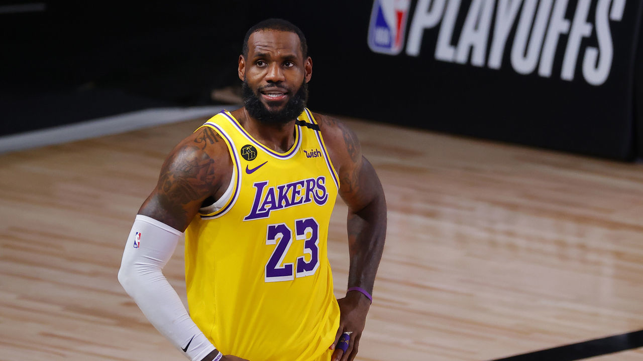 LAKE BUENA VISTA, FLORIDA - AUGUST 29: LeBron James #23 of the Los Angeles Lakers looks on against the Portland Trail Blazers during the third quarter in Game Five of the Western Conference First Round during the 2020 NBA Playoffs at AdventHealth Arena at ESPN Wide World Of Sports Complex on August 29, 2020 in Lake Buena Vista, Florida.