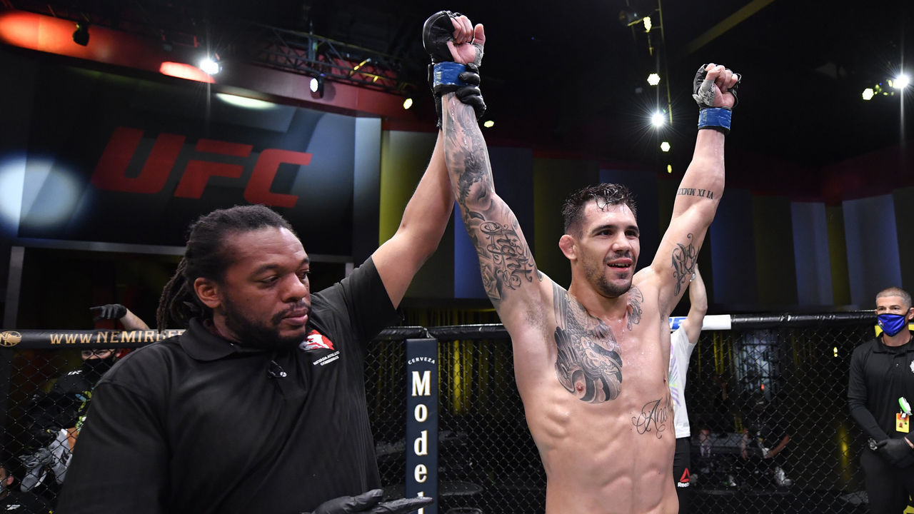 LAS VEGAS, NEVADA - AUGUST 29: Aleksandar Rakic of Austria celebrates after his victory over Anthony Smith in their light heavyweight fight during the UFC Fight Night event at UFC APEX on August 29, 2020 in Las Vegas, Nevada.