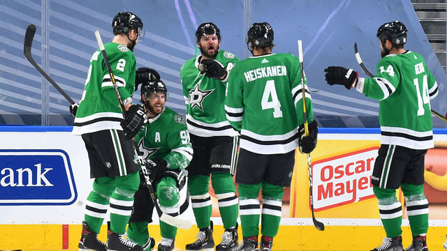 EDMONTON, ALBERTA - AUGUST 26: Jamie Oleksiak #2, Miro Heiskanen #4, Jamie Benn #14, Alexander Radulov #47 and Tyler Seguin #91 of the Dallas Stars celebrate after Seguin scored in the first period of Game Three of the Western Conference Second Round of the 2020 NHL Stanley Cup Playoff between the Colorado Avalanche and the Dallas Stars at Rogers Place on August 26, 2020 in Edmonton, Alberta.