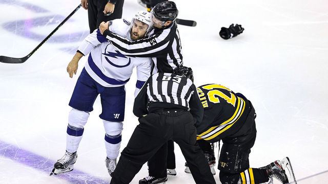 TORONTO, ONTARIO - AUGUST 29: Nick Ritchie #21 of the Boston Bruins fights Barclay Goodrow #19 of the Tampa Bay Lightning during the third period in Game Four of the Eastern Conference Second Round during the 2020 NHL Stanley Cup Playoffs at Scotiabank Arena on August 29, 2020 in Toronto, Ontario.