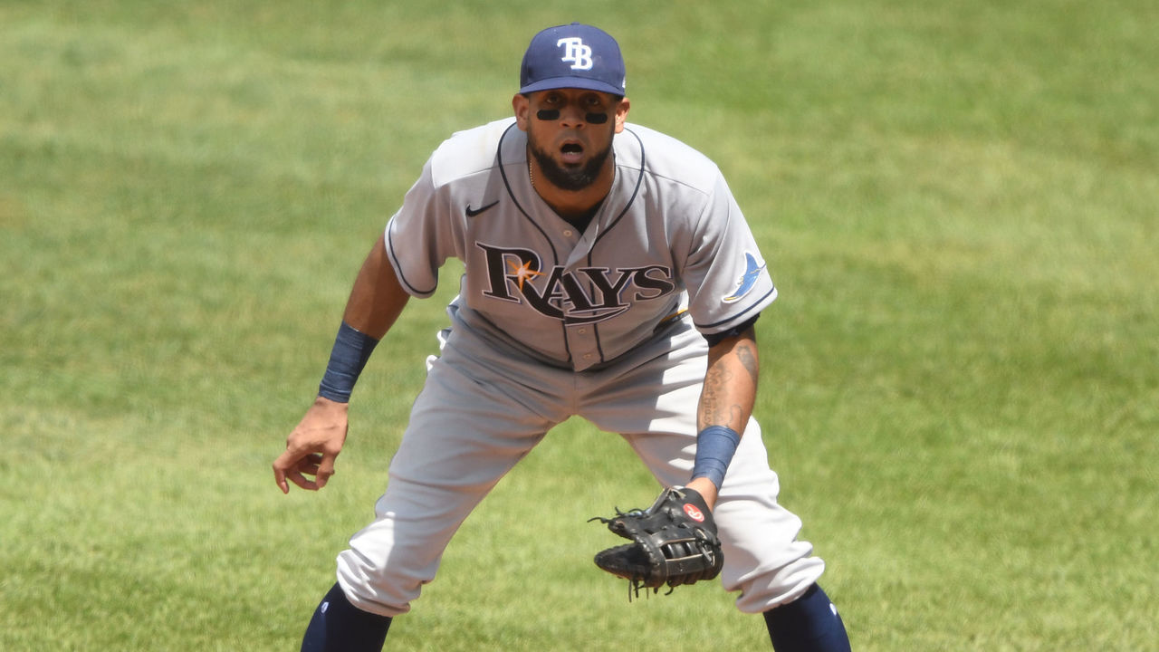 BALTIMORE, MD - AUGUST 02: Jose Martinez #40 of the Tampa Bay Rays in position during a baseball game against the Baltimore Orioles on August 2, 2020 at Oriole Park at Camden Yards in Baltimore, Maryland.
