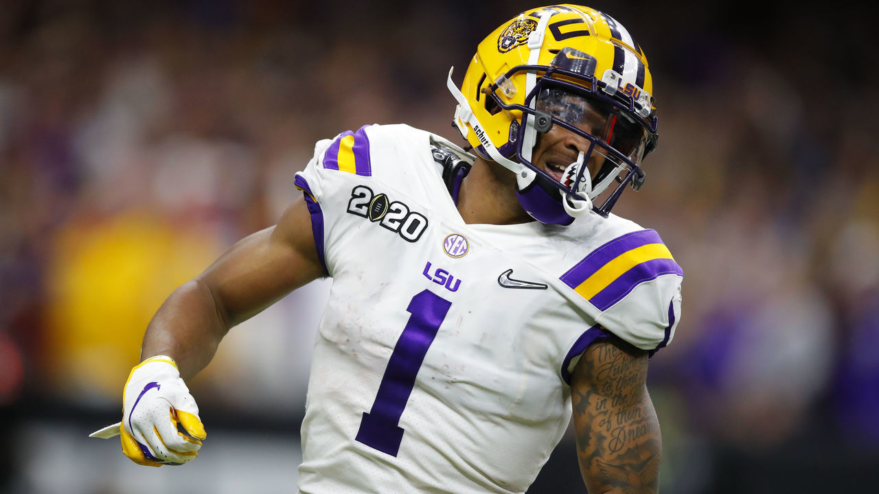 NEW ORLEANS, LA - JANUARY 13: LSU Tigers wide receiver Ja'Marr Chase (1) reacts during the second half of the College Football Playoff National Championship Game between the LSU Tigers and the Clemson Tigers on January 13, 2020 in New Orleans LA.