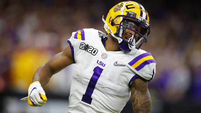 NEW ORLEANS, LA - JANUARY 13: LSU Tigers wide receiver Ja'Marr Chase (1) reacts during the second half of the College Football Playoff National Championship Game between the LSU Tigers and the Clemson Tigers on January 13, 2020 in New Orleans LA.