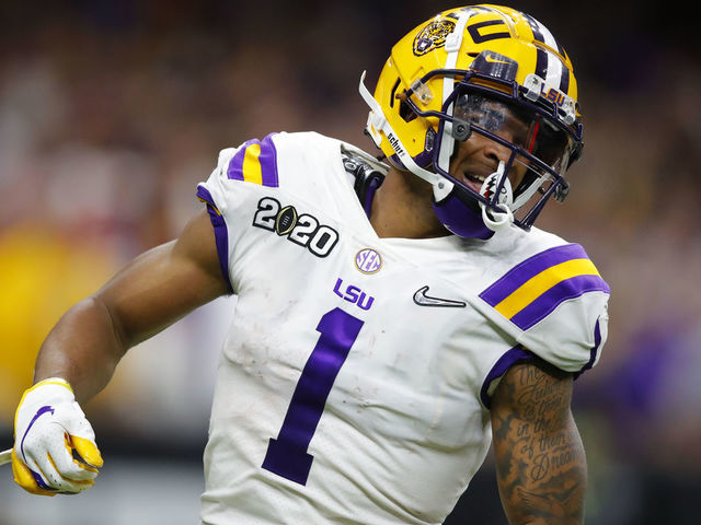 NEW ORLEANS, LA - JANUARY 13: LSU Tigers wide receiver Ja'Marr Chase (1) reacts during the second half of the College Football Playoff National Championship Game between the LSU Tigers and the Clemson Tigers on January 13, 2020 in New Orleans LA.