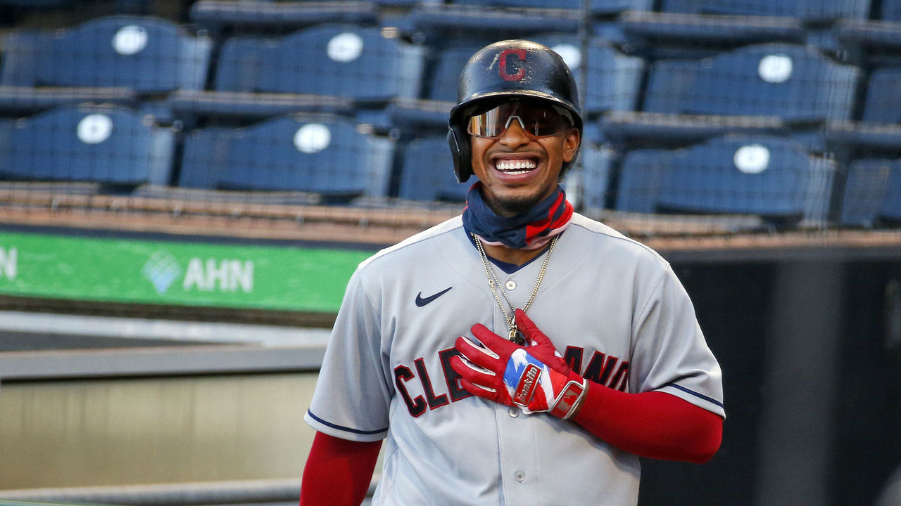 PITTSBURGH, PA - AUGUST 20: Francisco Lindor #12 of the Cleveland Indians laughs while on deck against the Pittsburgh Pirates at PNC Park on August 20, 2020 in Pittsburgh, Pennsylvania.