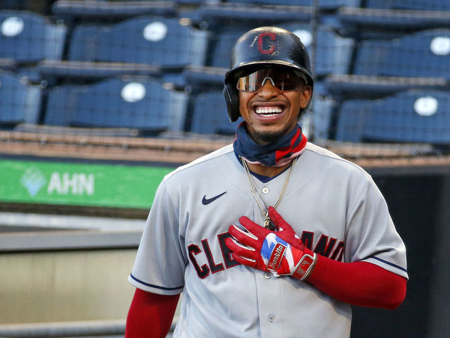 PITTSBURGH, PA - AUGUST 20: Francisco Lindor #12 of the Cleveland Indians laughs while on deck against the Pittsburgh Pirates at PNC Park on August 20, 2020 in Pittsburgh, Pennsylvania.