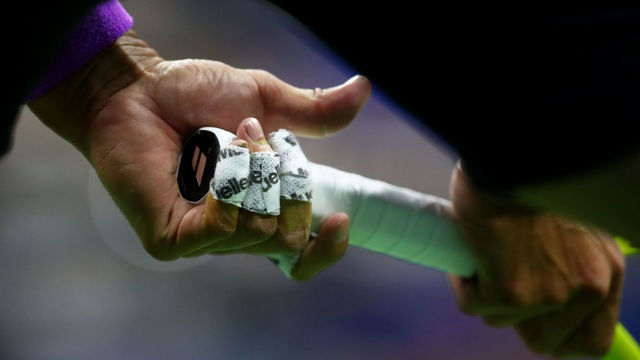 NEW YORK, NEW YORK - SEPTEMBER 06: A detailed view of the hands of Rafael Nadal of Spain during his Men's Singles semi-final match against Matteo Berrettini of Italy on day twelve of the 2019 US Open at the USTA Billie Jean King National Tennis Center on September 06, 2019 in Queens borough of New York City.