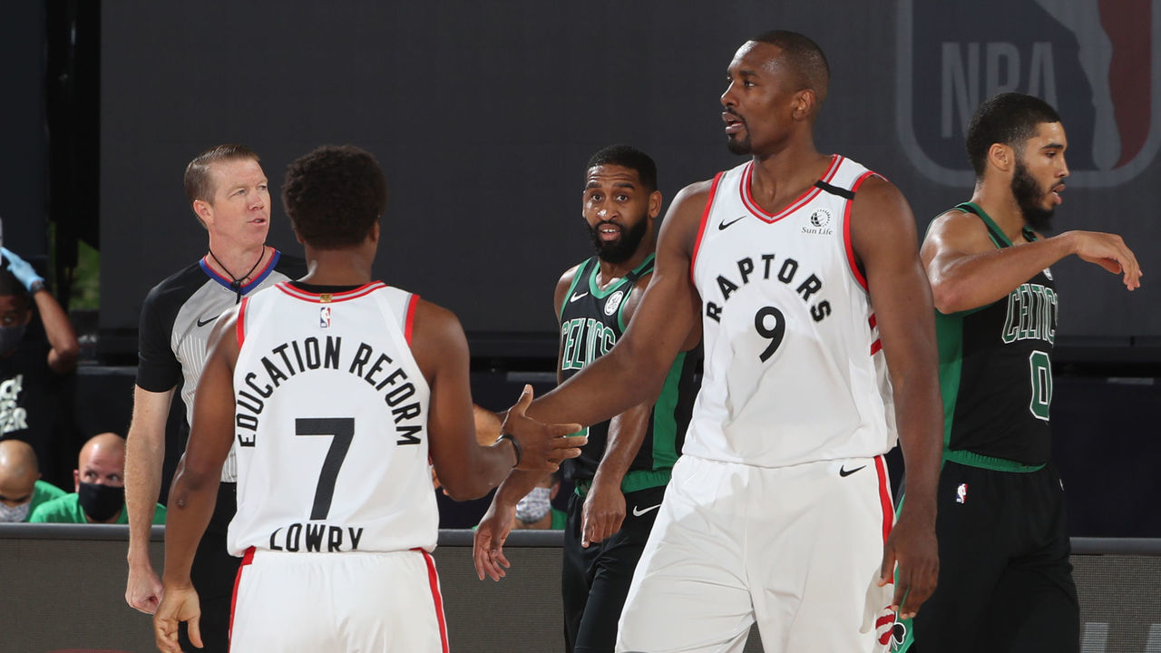ORLANDO, FL - AUGUST 30: Kyle Lowry #7 high-fives Serge Ibaka #9 of the Toronto Raptors during Game One of the Eastern Conference SemiFinals of the NBA Playoffs on August 30, 2020 at The Field House in Orlando, Florida. NOTE TO USER: User expressly acknowledges and agrees that, by downloading and/or using this Photograph, user is consenting to the terms and conditions of the Getty Images License Agreement. Mandatory Copyright Notice: Copyright 2020 NBAE