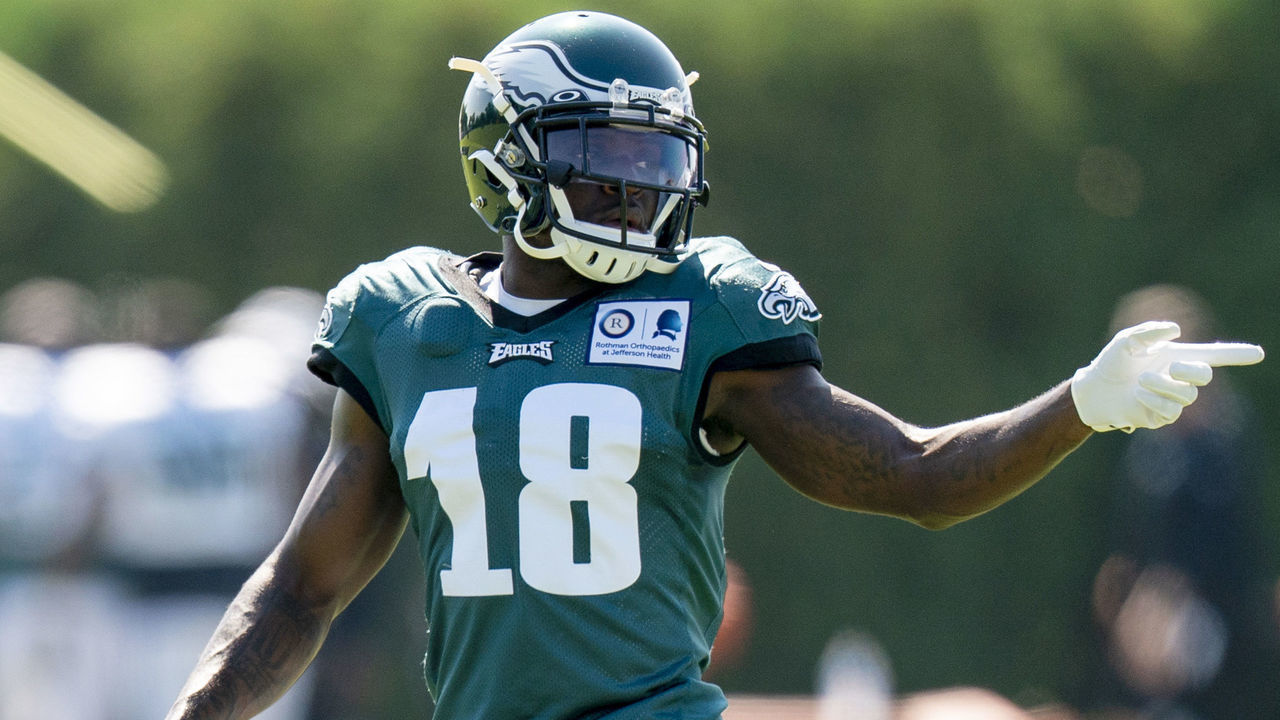 PHILADELPHIA, PENNSYLVANIA - AUGUST 18: Jalen Reagor #18 of the Philadelphia Eagles reacts during training camp at NovaCare Complex on August 18, 2020 in Philadelphia, Pennsylvania.