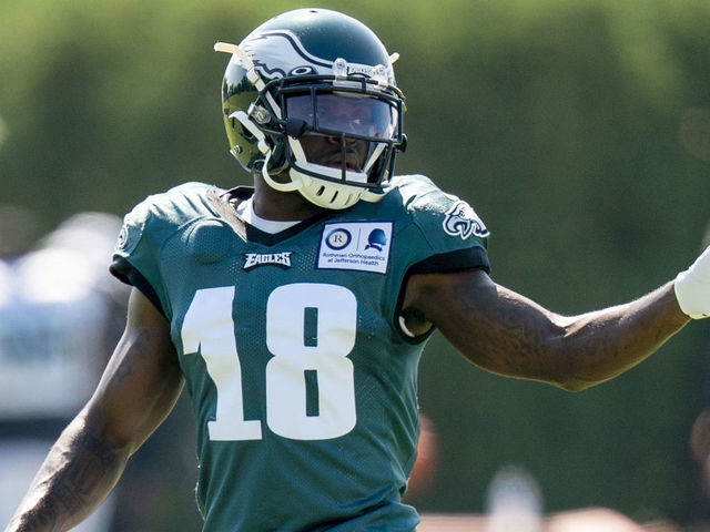 PHILADELPHIA PENNSYLVANIA - AUGUST 18 Jalen Reagor 18 of the Philadelphia Eagles reacts during training camp at NovaCare Complex on August 18 2020 in Philadelphia Pennsylvania