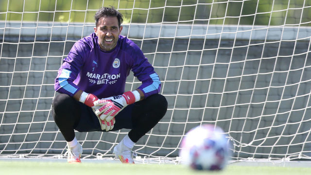 LISBON, PORTUGAL - AUGUST 13: Claudio Bravo stretches during Manchester City training session on August 13, 2020 in Lisbon, Portugal.