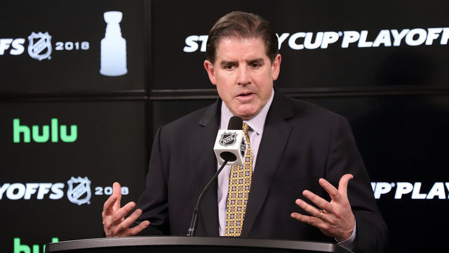WINNIPEG, MB - MAY 7: Head Coach Peter Laviolette of the Nashville Predators answers questions during the post-game press conference following a 4-0 victory over the Winnipeg Jets in Game Six of the Western Conference Second Round during the 2018 NHL Stanley Cup Playoffs at the Bell MTS Place on May 7, 2018 in Winnipeg, Manitoba, Canada. The series is tied 3-3.