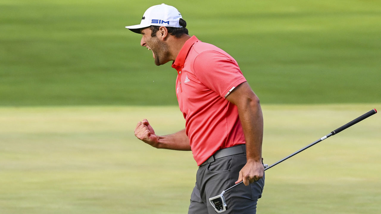 OLYMPIA FIELDS, IL - AUGUST 30: Jon Rahm of Spain celebrates with a fist pump after making a birdie putt on the 18th hole during a playoff in the final round of the BMW Championship on the North Course at Olympia Fields Country Club on August 30, 2020 in Olympia Fields, Illinois.