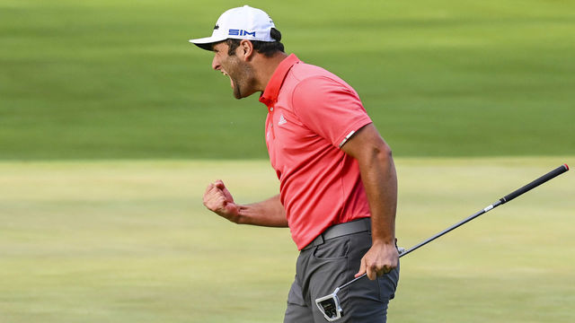 OLYMPIA FIELDS, IL - AUGUST 30: Jon Rahm of Spain celebrates with a fist pump after making a birdie putt on the 18th hole during a playoff in the final round of the BMW Championship on the North Course at Olympia Fields Country Club on August 30, 2020 in Olympia Fields, Illinois.