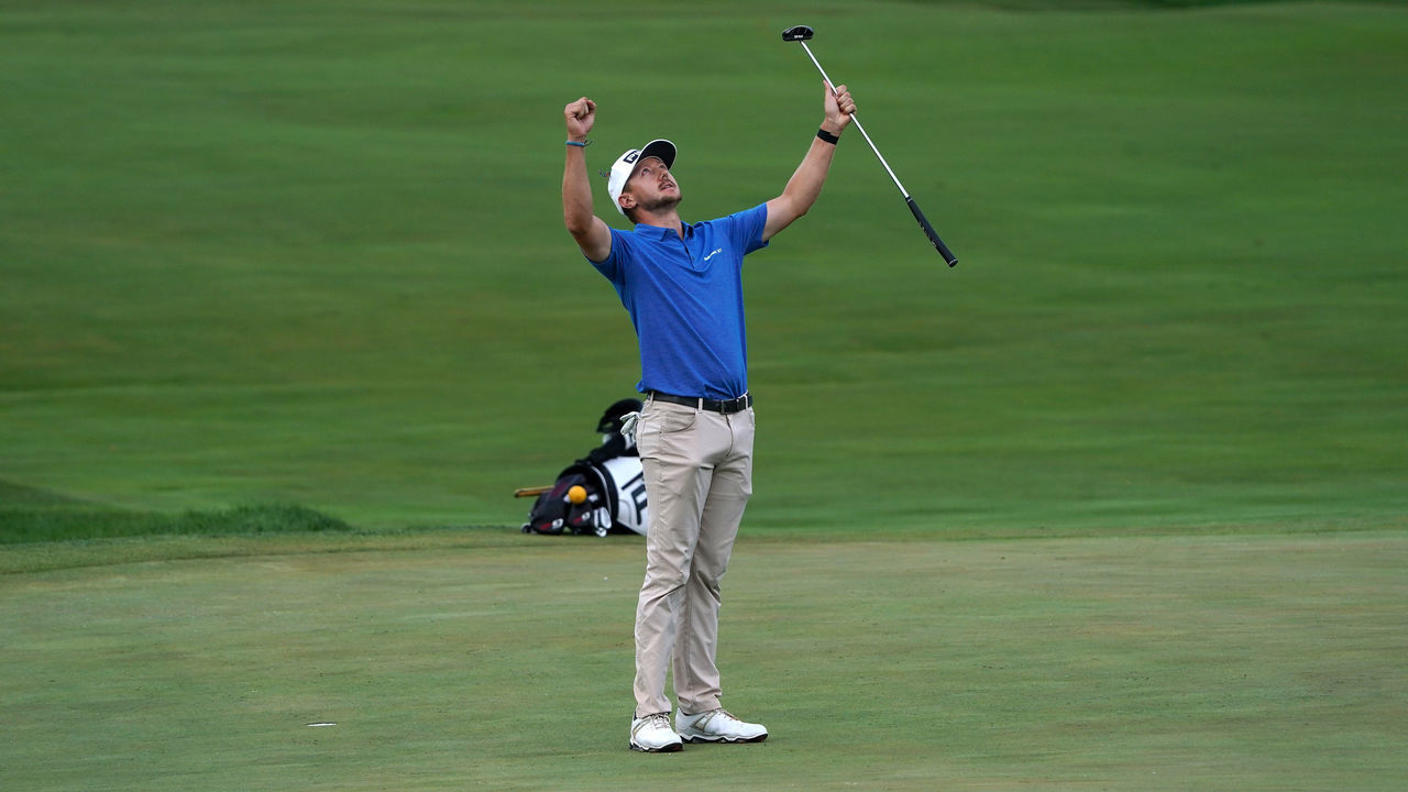 OLYMPIA FIELDS, ILLINOIS - AUGUST 30: Mackenzie Hughes of Canada after making his putt on the 18th green during the final round of the BMW Championship on the North Course at Olympia Fields Country Club on August 30, 2020 in Olympia Fields, Illinois.