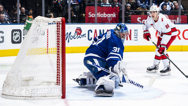TORONTO, ON - FEBRUARY 22: Frederik Andersen #31 of the Toronto Maple Leafs makes a save against the Carolina Hurricanes during the first period at the Scotiabank Arena on February 22, 2020 in Toronto, Ontario, Canada.