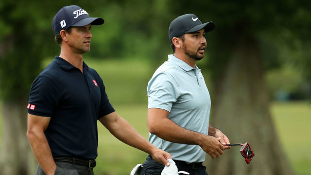AVONDALE, LOUISIANA - APRIL 25: Adam Scott of Australia and Jason Day of Australia walk along the 16th hole during the first round of the Zurich Classic at TPC Louisiana on April 25, 2019 in Avondale, Louisiana.
