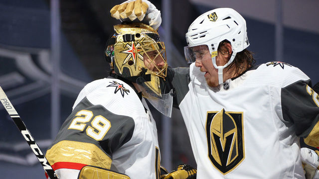 EDMONTON, ALBERTA - AUGUST 30: Goaltender Marc-Andre Fleury #29 of the Vegas Golden Knights is congratulated by Zach Whitecloud #2 after their 5-3 win in Game Four of the Western Conference Second Round of the 2020 NHL Stanley Cup Playoff between the Vegas Golden Knights and the Vancouver Canucks at Rogers Place on August 30, 2020 in Edmonton, Alberta.