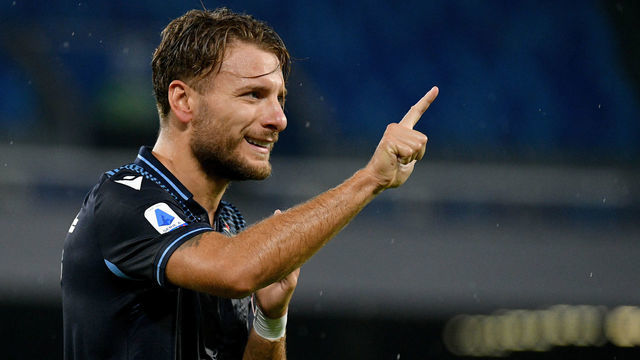 NAPLES, ITALY - AUGUST 01: Ciro Immobile of SS Lazio celebrates a frist goal during the Serie A match between SSC Napoli and SS Lazio at Stadio San Paolo on August 01, 2020 in Naples, Italy.