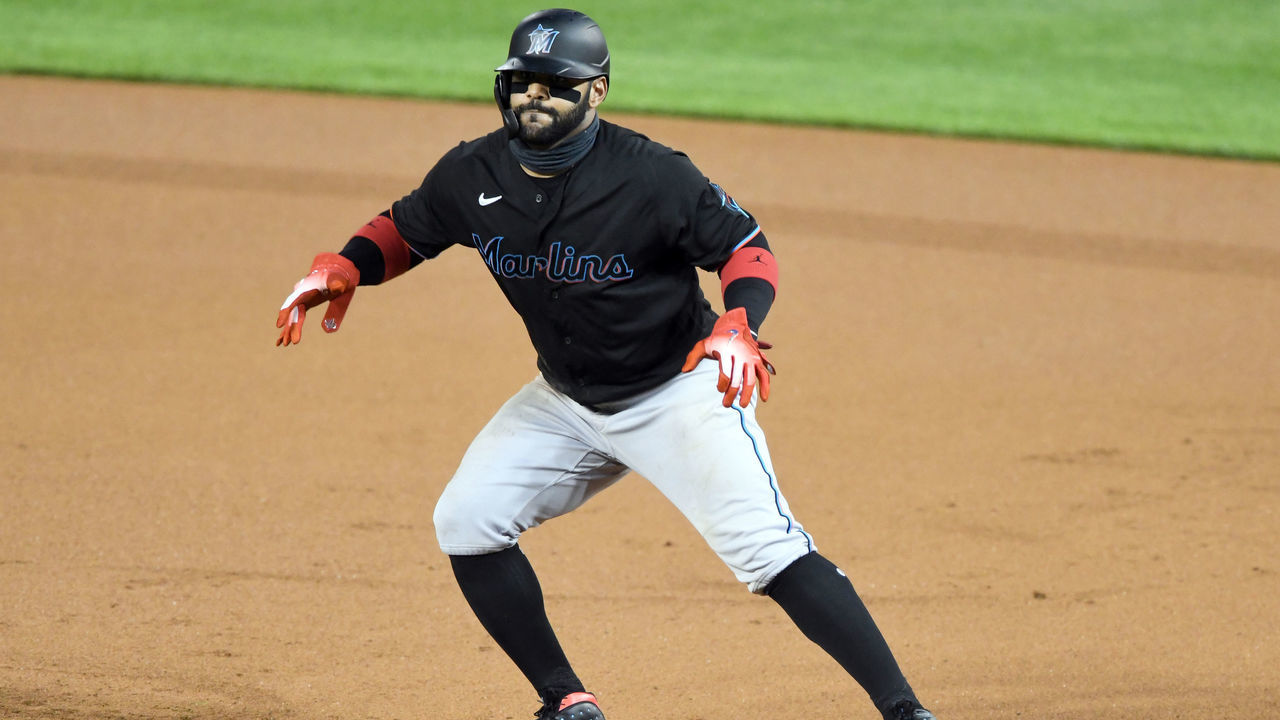 WASHINGTON, DC - AUGUST 22: Jonathan Villar #2 of the Miami Marlins leads off first base during game two of a doubleheader baseball game against the Washington Nationals at Nationals Park on August 22, 2020 in Washington, DC.