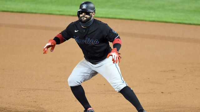 WASHINGTON, DC - AUGUST 22: Jonathan Villar #2 of the Miami Marlins leads off first base during game two of a doubleheader baseball game against the Washington Nationals at Nationals Park on August 22, 2020 in Washington, DC.