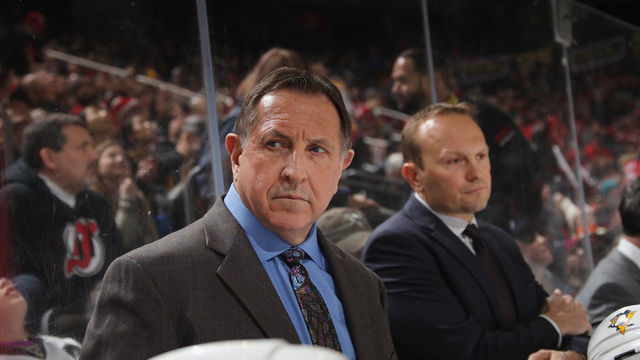 NEWARK, NEW JERSEY - FEBRUARY 19: Assistant coach Jacques Martin of the Pittsburgh Penguins works the bench against the New Jersey Devils at the Prudential Center on February 19, 2019 in Newark, New Jersey. The Penguins defeated the Devils 4-3.