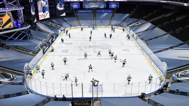 EDMONTON, ALBERTA - AUGUST 30: A general view of warm-up is seen before Game Four of the Western Conference Second Round of the 2020 NHL Stanley Cup Playoff between the Vegas Golden Knights and the Vancouver Canucks at Rogers Place on August 30, 2020 in Edmonton, Alberta.
