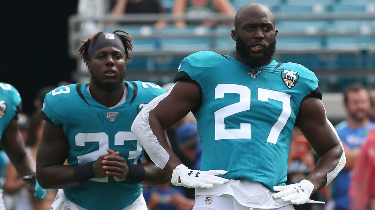 JACKSONVILLE, FL - OCTOBER 27:Jacksonville Jaguars Running Back Leonard Fournette (27), Jacksonville Jaguars Running Back Ryquell Armstead (23), and Jacksonville Jaguars Running Back Tyler Ervin (24) stretch before the game between the New York Jets and the Jacksonville Jaguars on October 27, 2019 at TIAA Bank Field in Jacksonville, Fl.
