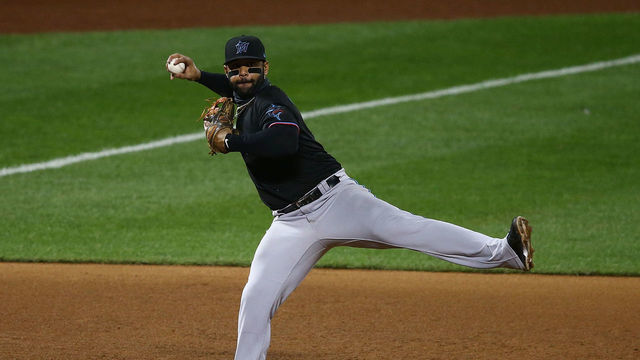 NEW YORK, NEW YORK - AUGUST 25: Jonathan Villar #2 of the Miami Marlins in action against the New York Mets at Citi Field on August 25, 2020 in New York City.