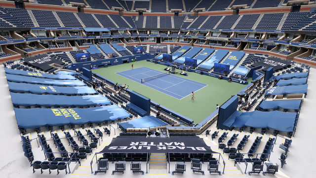 NEW YORK, NEW YORK - AUGUST 31: A general view of Arthur Ashe Stadium is seen as Karolina Pliskova of the Czech Republic and Anhelina Kalinina of the Ukraine play during their Women's Singles first round match on Day One of the 2020 US Open at the USTA Billie Jean King National Tennis Center on August 31, 2020 in the Queens borough of New York City.