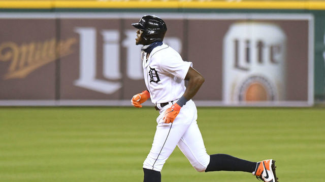 DETROIT, MI - AUGUST 14: Cameron Maybin #4 of the Detroit Tigers runs the bases during the game against the Cleveland Indians at Comerica Park on August 14, 2020 in Detroit, Michigan. The Indians defeated the Tigers 10-5.