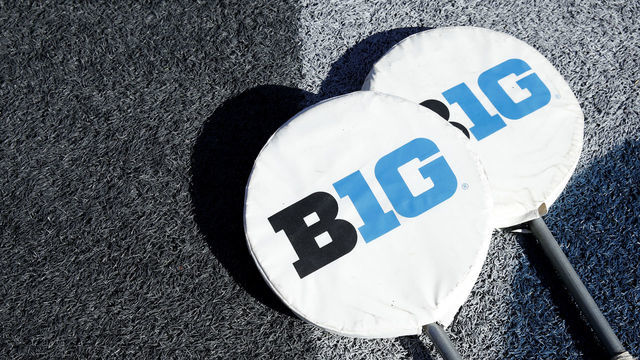 COLLEGE PARK, MD - NOVEMBER 02: Yard markers with the Big Ten conference logo are seen on the ground during a game between the Michigan Wolverines and Maryland Terrapins at Capital One Field at Maryland Stadium on November 2, 2019 in College Park, Maryland. Michigan defeated Maryland 38-7.