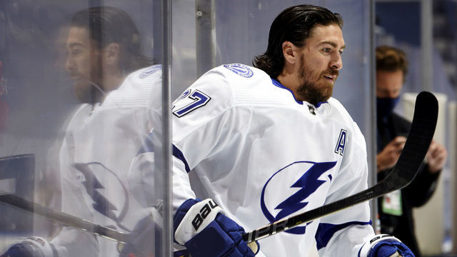 TORONTO, ONTARIO - AUGUST 17: Ryan McDonagh #27 of the Tampa Bay Lightning takes the ice for warm ups before playing against the Columbus Blue Jackets in Game Four of the Eastern Conference First Round during the 2020 NHL Stanley Cup Playoffs at Scotiabank Arena on August 17, 2020 in Toronto, Ontario.