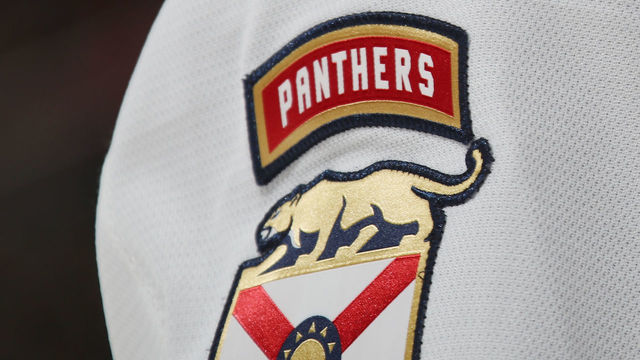 NEWARK, NEW JERSEY - OCTOBER 27: A closeup view of the secondary marks for the Florida Panthers during the game against the New Jersey Devils at the Prudential Center on October 27, 2018 in Newark, New Jersey. The Devils defeated the Panthers 3-2.