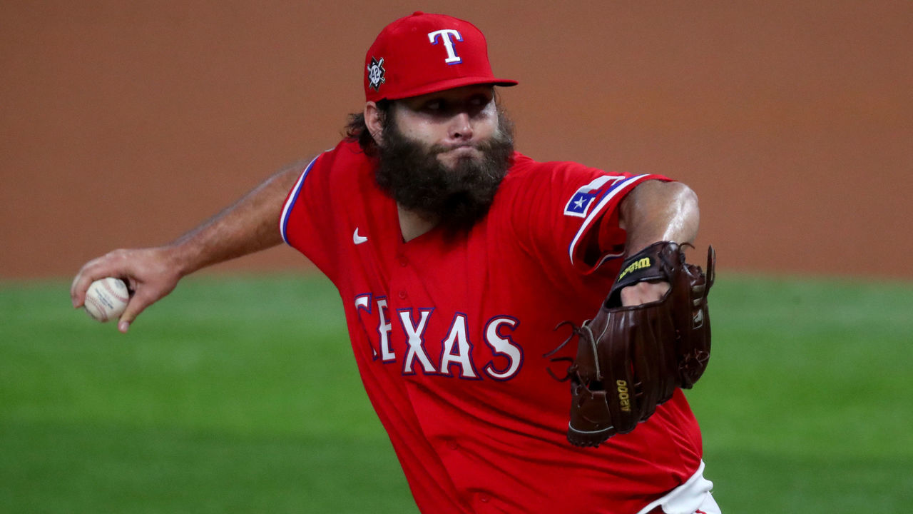 ARLINGTON, TEXAS - AUGUST 29: Lance Lynn #42 of the Texas Rangers pitches against the Los Angeles Dodgers in the top of the first inning at Globe Life Field on August 29, 2020 in Arlington, Texas. All players are wearing #42 in honor of Jackie Robinson Day. The day honoring Jackie Robinson, traditionally held on April 15, was rescheduled due to the COVID-19 pandemic.”
