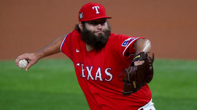 ARLINGTON, TEXAS - AUGUST 29: Lance Lynn #42 of the Texas Rangers pitches against the Los Angeles Dodgers in the top of the first inning at Globe Life Field on August 29, 2020 in Arlington, Texas. All players are wearing #42 in honor of Jackie Robinson Day. The day honoring Jackie Robinson, traditionally held on April 15, was rescheduled due to the COVID-19 pandemic.”
