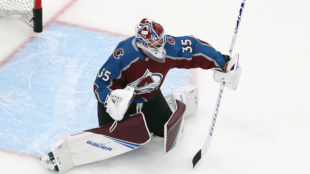 EDMONTON, ALBERTA - AUGUST 24: Michael Hutchinson #35 of the Colorado Avalanche skates in warm-ups prior to the game against the Dallas Stars in Game Two of the Western Conference Second Round during the 2020 NHL Stanley Cup Playoffs at Rogers Place on August 24, 2020 in Edmonton, Alberta, Canada.