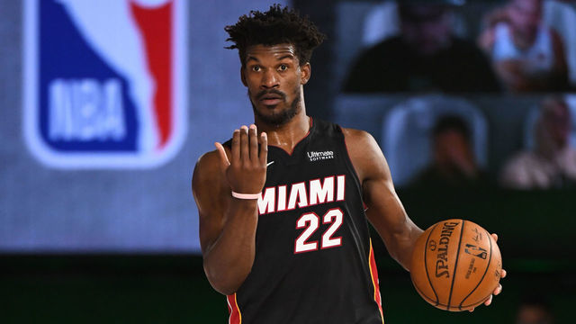 ORLANDO, FL - AUGUST 31: Jimmy Butler #22 of the Miami Heat handles the ball against the Milwaukee Bucks during Game One of the Eastern Conference Semifinals of the NBA Playoffs on August 31, 2020 at the The Field House at ESPN Wide World Of Sports Complex in Orlando, Florida. NOTE TO USER: User expressly acknowledges and agrees that, by downloading and/or using this Photograph, user is consenting to the terms and conditions of the Getty Images License Agreement. Mandatory Copyright Notice: Copyright 2020 NBAE
