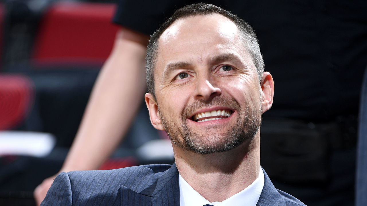 PORTLAND, OR - MAY 3: General Manager Arturas Karnisovas of the Denver Nuggets looks on before Game Three of the Western Conference Semifinals against the Portland Trail Blazers during the 2019 NBA Playoffs on May 3, 2019 at the Moda Center Arena in Portland, Oregon. NOTE TO USER: User expressly acknowledges and agrees that, by downloading and/or using this photograph, user is consenting to the terms and conditions of the Getty Images License Agreement. Mandatory Copyright Notice: Copyright 2019 NBAE