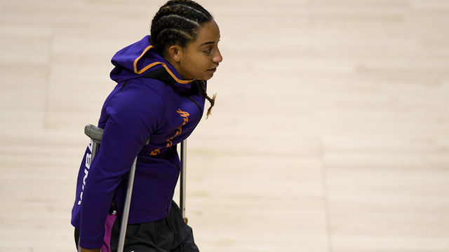 PALMETTO, FLORIDA - AUGUST 28: Bria Hartley #14 of the Phoenix Mercury walks off the court on crutches after defeating the Washington Mystics at Feld Entertainment Center on August 28, 2020 in Palmetto, Florida.